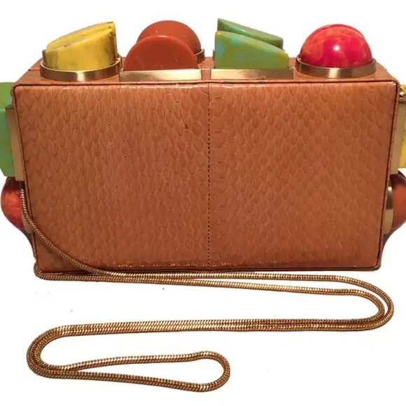 Tonya Hawkes Tan Faux Snakeskin Convertible Clutch with Marble Multicolor Studs - Picture 7 of 7